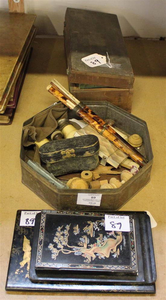 Victorian MOP card case, tortoiseshell-cased chopsticks (2), opera glasses, ivory sundries, lacquered folder, photographic slides, etc